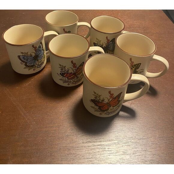 Vintage Set Of 6 Viking Stoneware Speckled Butterfly Coffee Mugs‎ Cups - Picture 1 of 8
